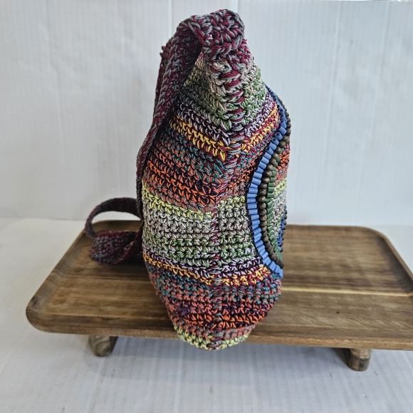 The Sak Multicolor Knit Peace Sign Crossbody Bag Zip Close Beading Boho Colorful - Picture 4 of 15